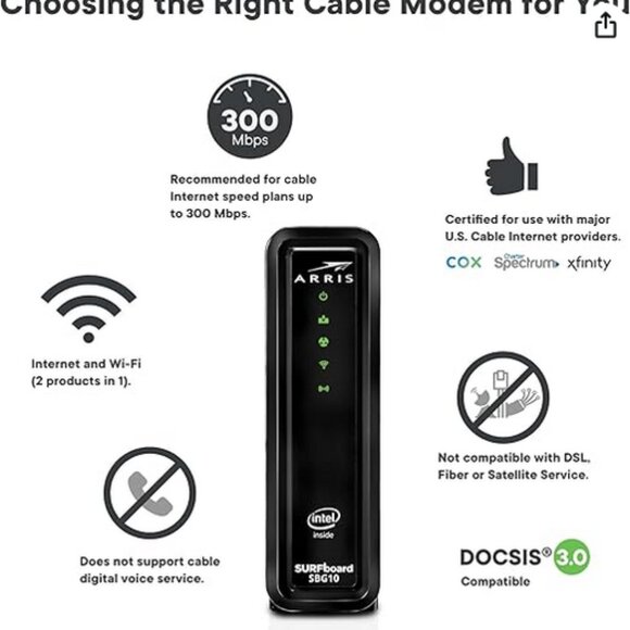 ARRIS SBG10-Cable Modem Router Combo-Fast DOCSIS 3.0 16 x 4 Gigabit & AC16 EUC - Picture 2 of 8